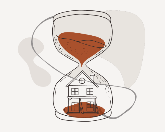Sanduhr mit Erde oder Sand, die durch sie hindurch fließt, und ein Haus darunter, symbolisiert die Zeit, die für den Bau oder die Renovierung eines Hauses verbleibt.