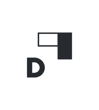 Black background with a stylized letter 'D' and geometric shapes.