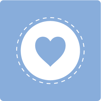 Blue background with a white circle featuring a dashed outline and a central heart shape.