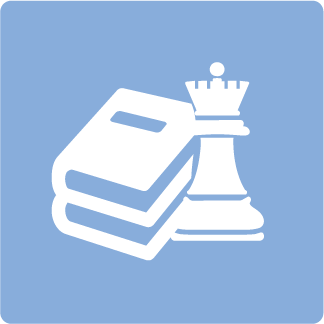 Book and chess pieces icon on a blue background.