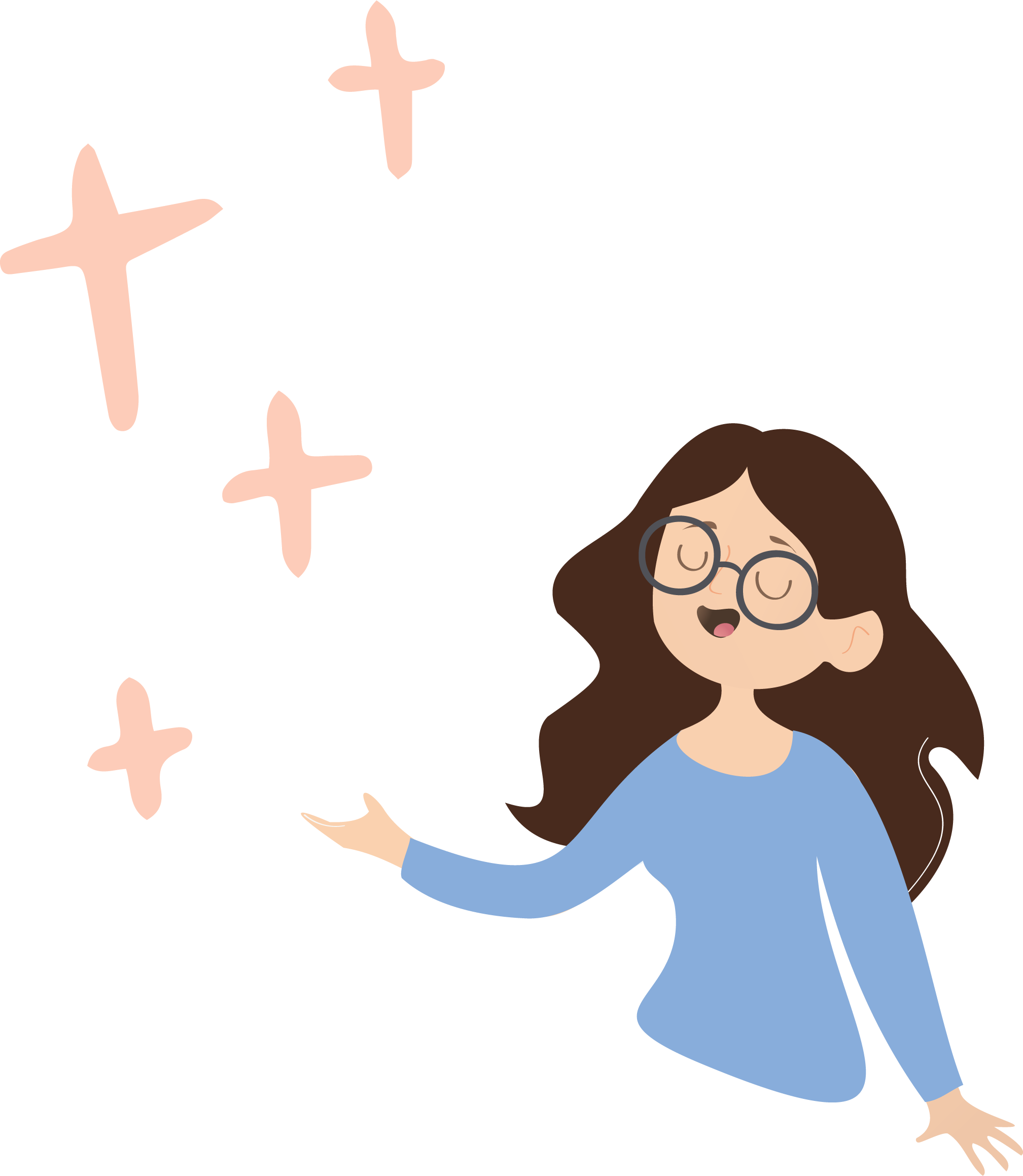 A girl with glasses and long brown hair wearing a blue top, smiling with closed eyes, and reaching out towards pink stars.