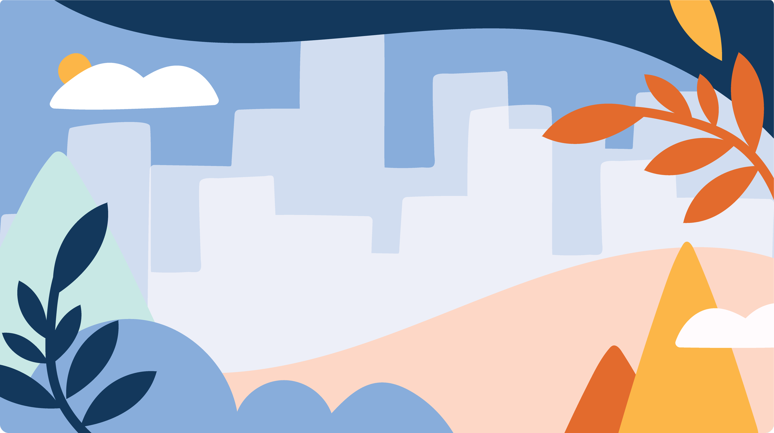Abstract landscape illustration with mountains, buildings, clouds, and leaves in muted blue, orange, and beige tones.
