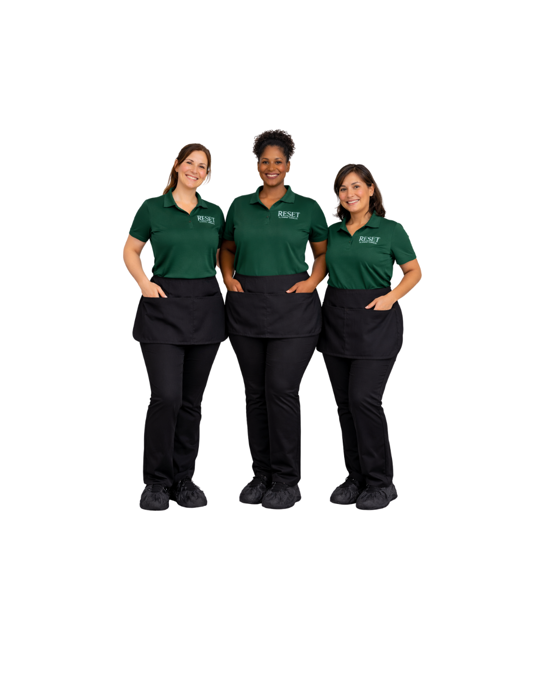 Three women in green shirts and black aprons standing together smiling, with 'RESET' logos on their shirts, against a black background.