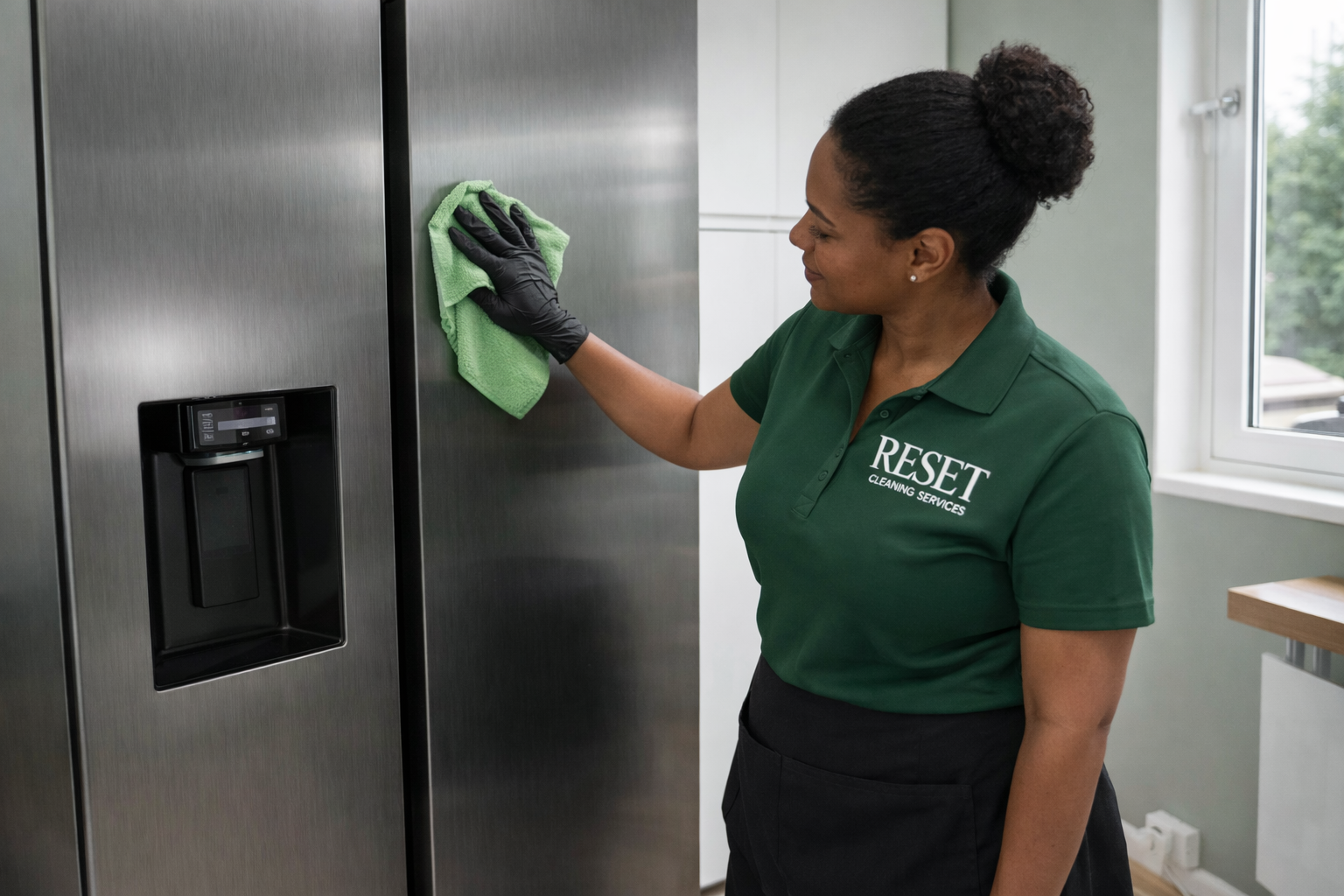 A woman wearing a green shirt with the logo 'RESET CLEANING SERVICES' is cleaning a stainless steel refrigerator with a green cloth in a kitchen.