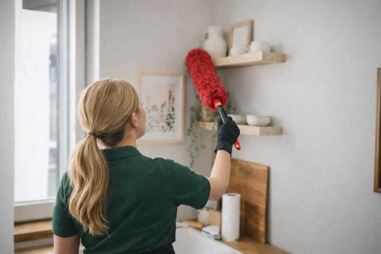 Woman cleaning a wall shelf with a red duster in a bright room.