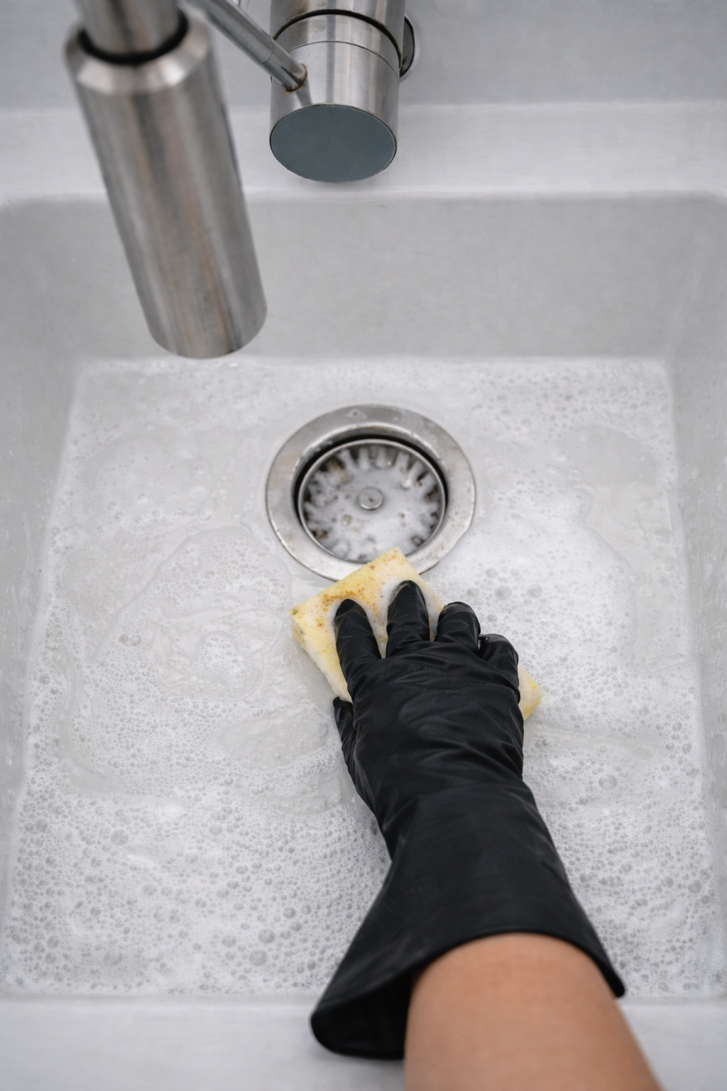 Person wearing a black glove cleaning a stainless steel kitchen sink with a yellow sponge, with soapy water around.