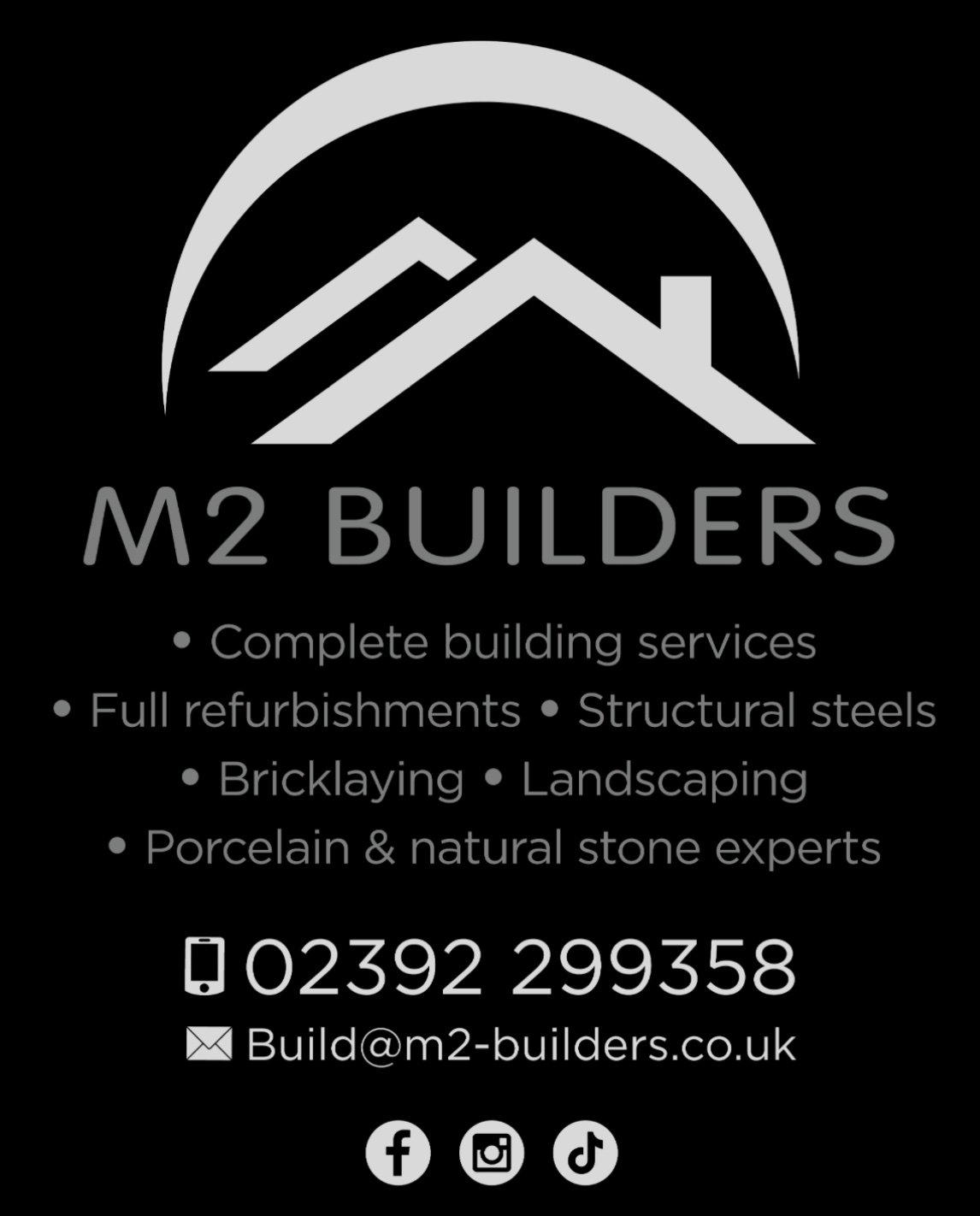 Black background business card for M2 Builders featuring a white house roof logo. Details include services like building, refurbishment, structural steels, bricklaying, landscaping, porcelain and natural stone. Contact info with phone number, email, 