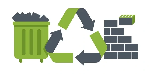 Recycle symbol between a trash can and a brick wall.