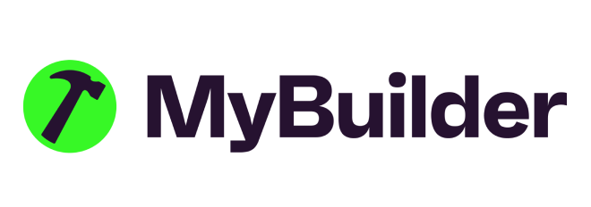 MyBuilder logo with a green circle containing a black hammer and the text 'MyBuilder' in bold black and dark purple letters.