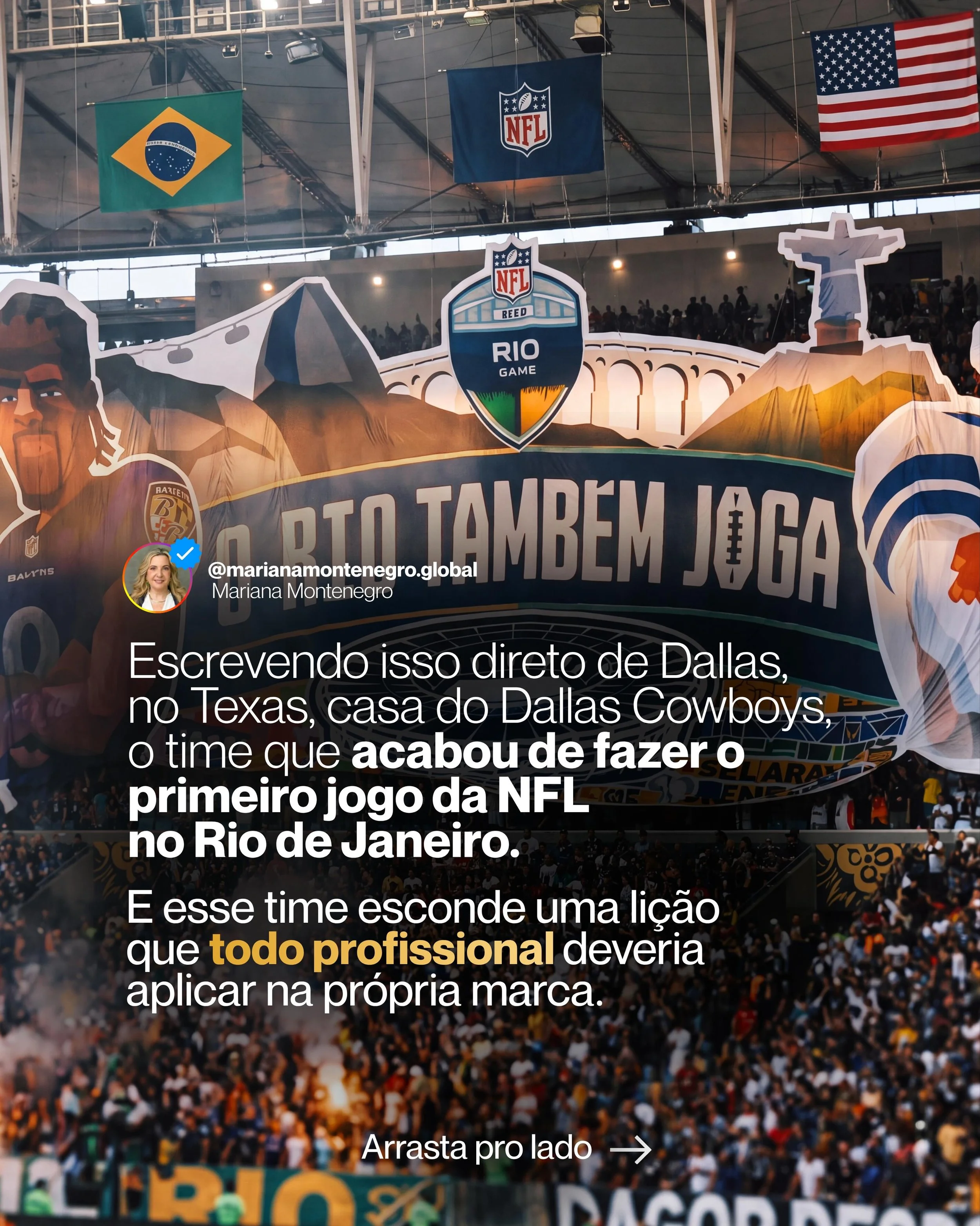 Escrevendo isso aqui de Dallas, sede do time que vai representar a NFL no jogo do Rio.
A experi&ecirc;ncia de um torcedor n&atilde;o come&ccedil;a no est&aacute;dio. Come&ccedil;a na narrativa constru&iacute;da meses antes.
O mesmo vale pra voc&ecirc