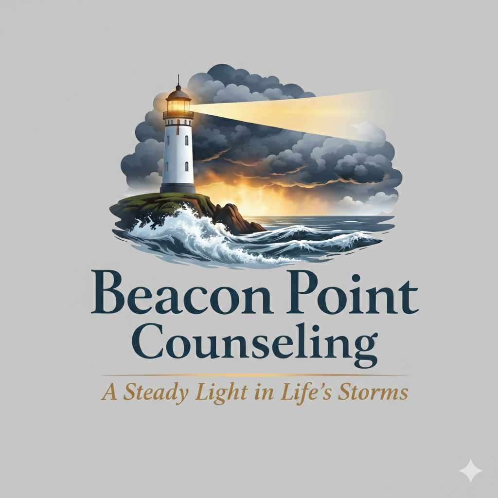 Logo for Beacon Point Counseling featuring a lighthouse on a rocky coast with stormy clouds and waves, and the tagline 'A Steady Light in Life's Storms'.