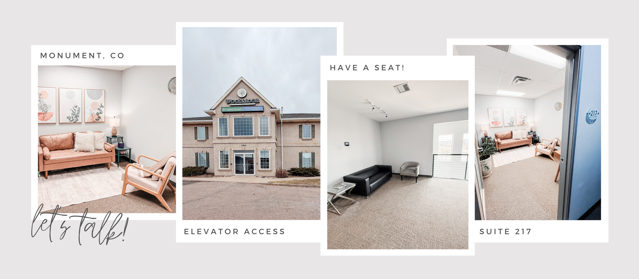 A collage of four images promoting a building in Monument, Colorado. The first image shows a cozy waiting area with pink and beige furniture, wall art, and a clock. The second image displays the exterior of the building, labeled Woodmood, with a sign indicating elevator access. The third image depicts a simple, modern lobby with gray and black seating. The fourth image shows another view of the waiting area inside, matching the first image.