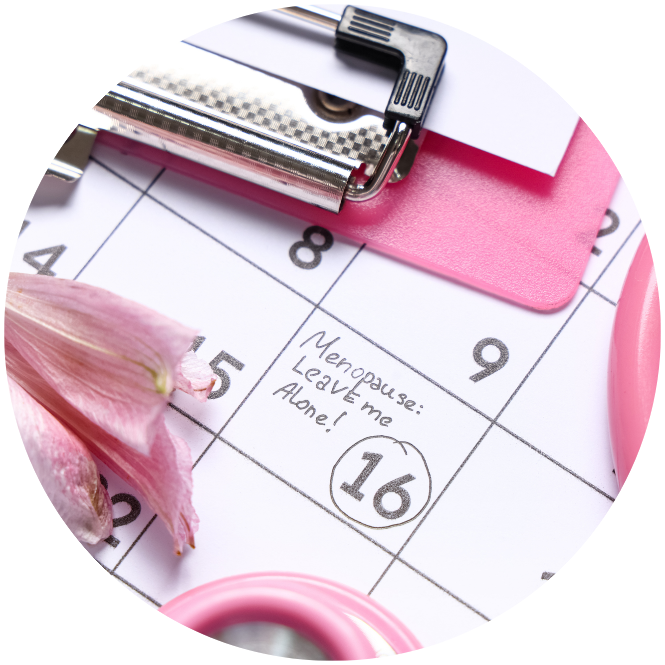 A calendar page marked with a note about perimenopause and menopause symptoms.  The note is surrounded by pink-themed stationery and flowers for female empowerment and wellness.