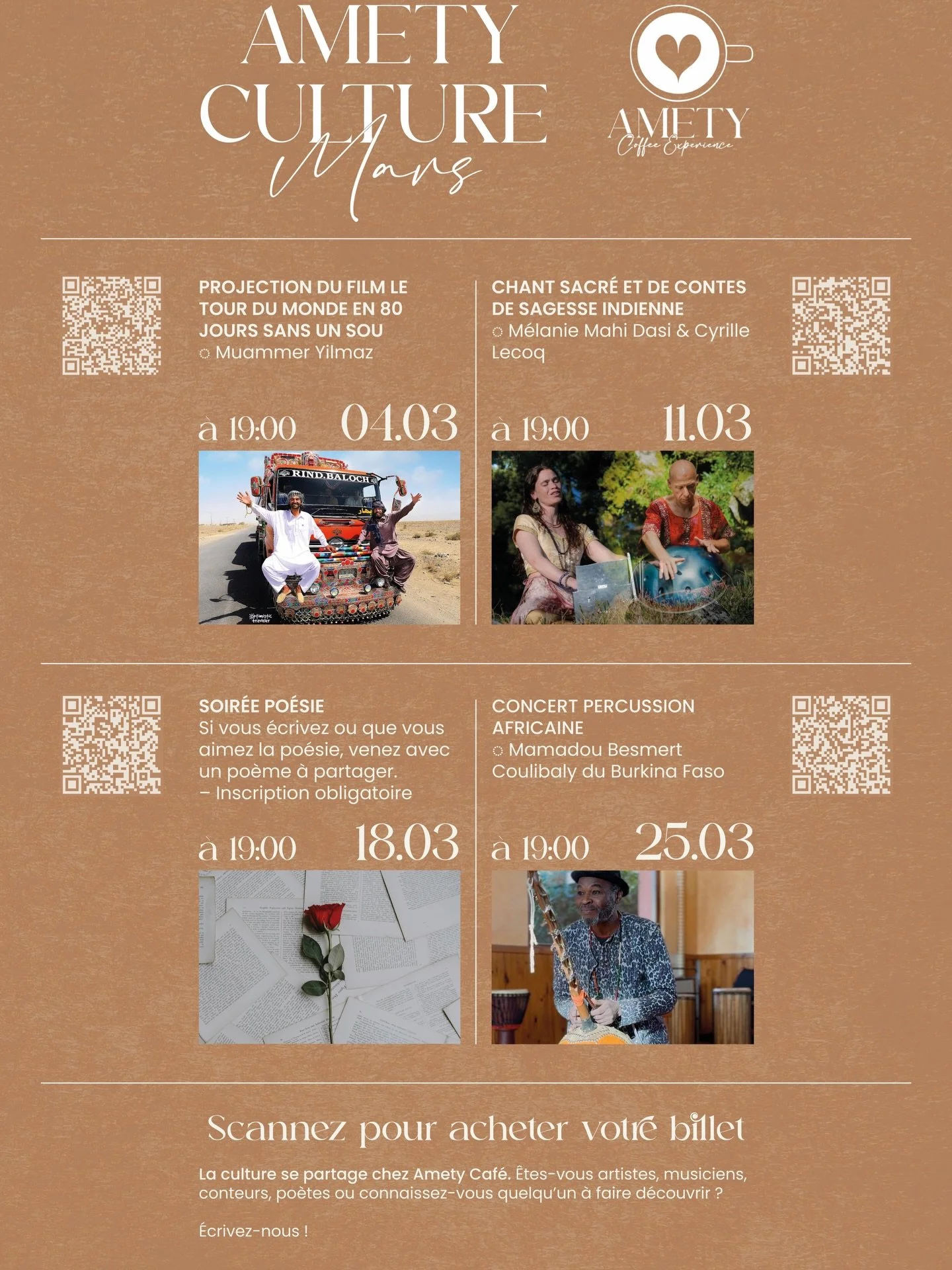 AMETY CULTURE / Programmation de Mars

Amety Caf&eacute; devient une sc&egrave;ne, un refuge, un carrefour d&rsquo;histoires.
Chaque mardi &agrave; 19h, on ouvre les portes&hellip; et les c&oelig;urs ✨

🎬 4 mars &agrave; 19h &ndash; Projection docum