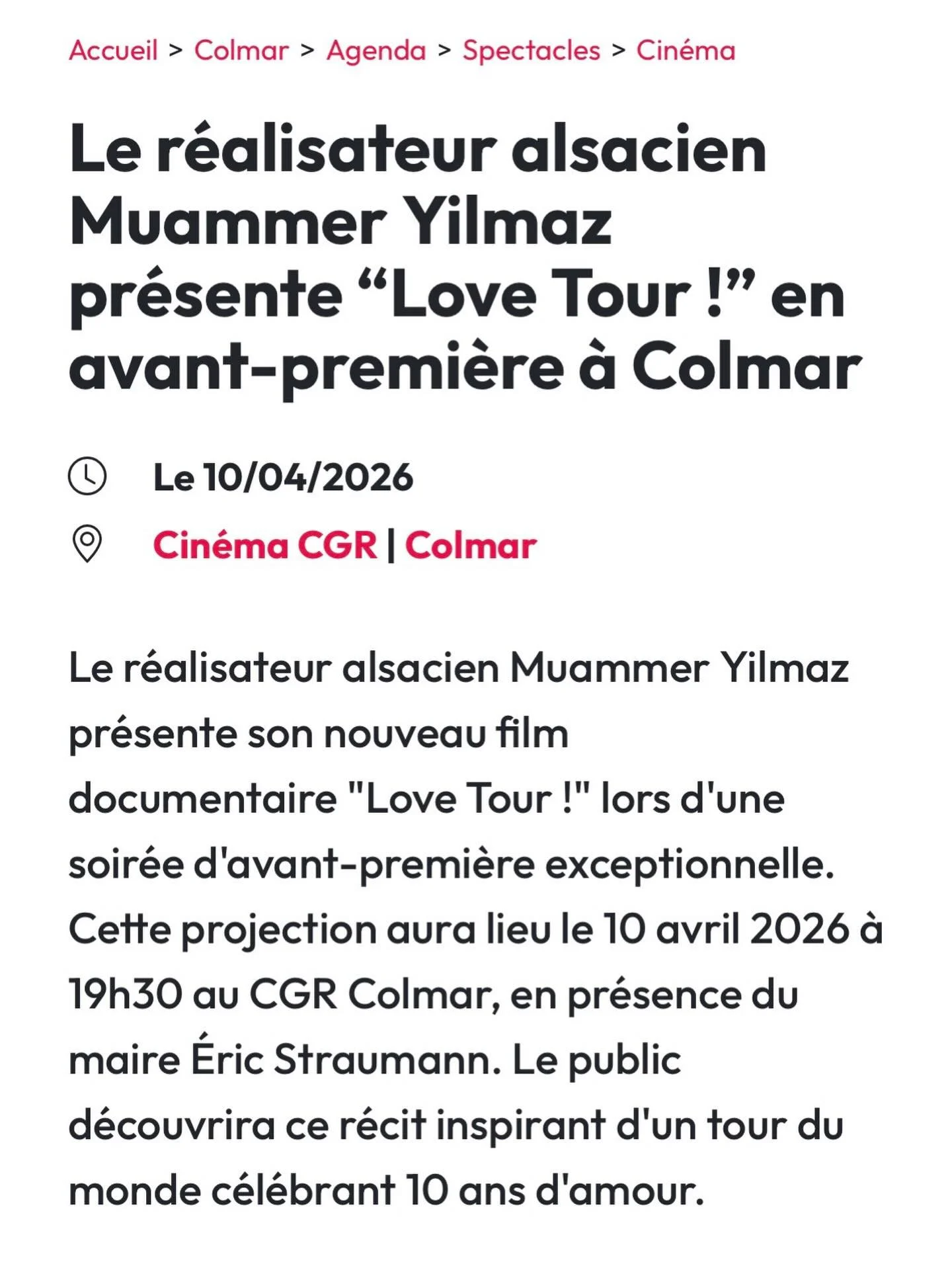 Lire tous l&rsquo;article ici : 
https://www.jds.fr/colmar/spectacles/cinema/le-realisateur-alsacien-muammer-yilmaz-presente-love-tour-en-avant-premiere-a-colmar-1417376_A

D&eacute;j&agrave; plus de 220 r&eacute;servations ! 

Tout le monde en parle