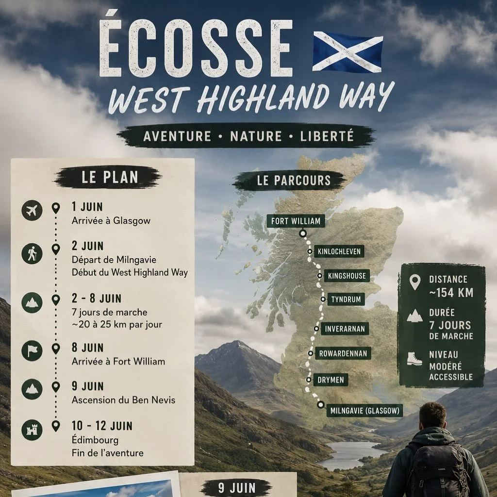 J-5 avant le d&eacute;part pour l&rsquo;&Eacute;cosse 🏴🥾

Dans quelques jours, je partirai traverser les Highlands &eacute;cossais &agrave; pied sur le mythique West Highland Way.
154 kilom&egrave;tres entre lochs silencieux, montagnes couvertes de