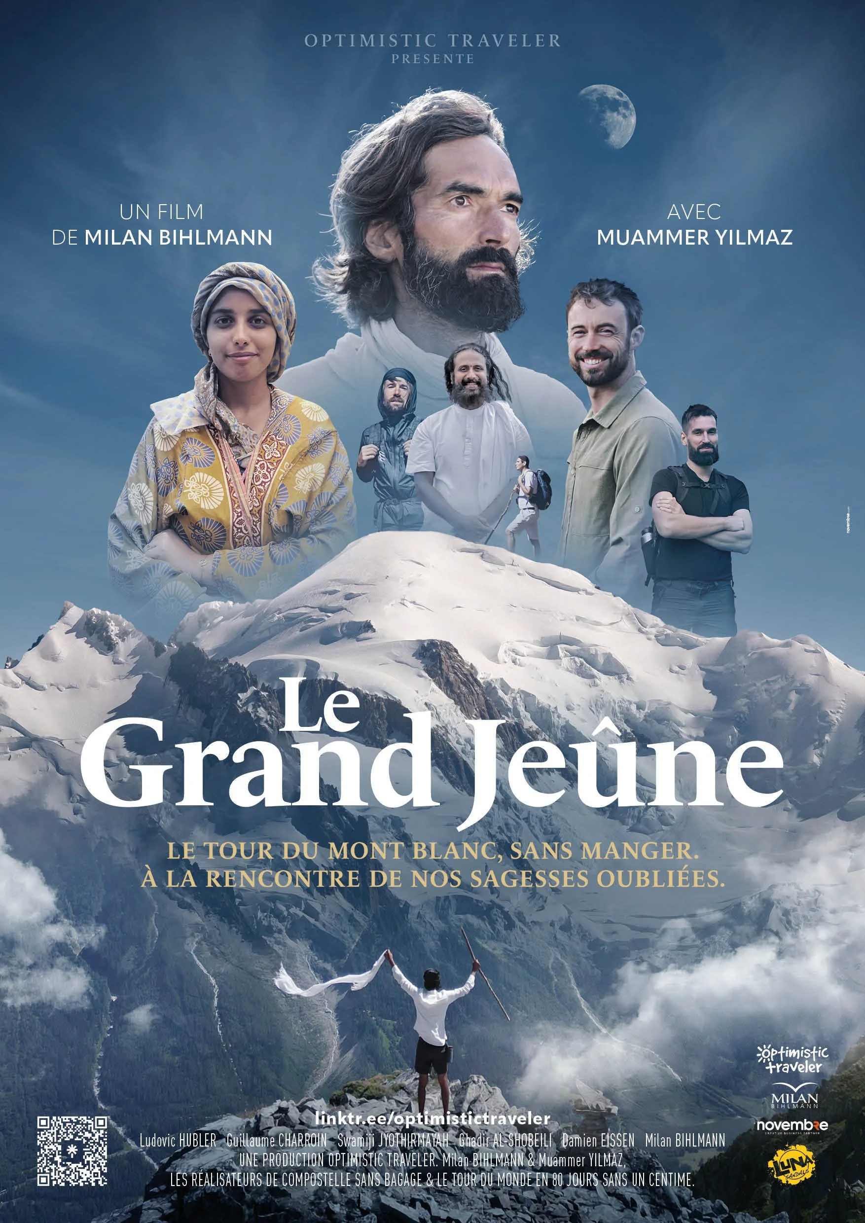 A large poster for the documentary film 'Le Grand Jure', directed by Milan Bielmann, featuring five individuals over a backdrop of snow-covered mountains and a person standing at the peak with arms raised. The text includes phrases about Mount Blanc, wisdom, and discovery.