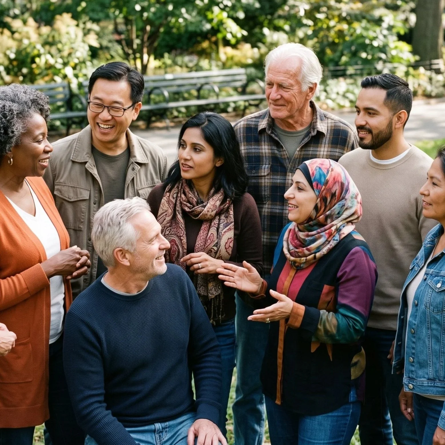 A diverse group of people gathered outdoors in a park, talking and smiling, engaging in conversation.