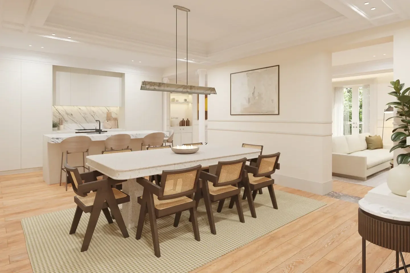 Open-concept kitchen and dining area with a large marble dining table, wooden chairs, a kitchen island with bar stools, and a sitting area with a sofa near floor-to-ceiling windows.