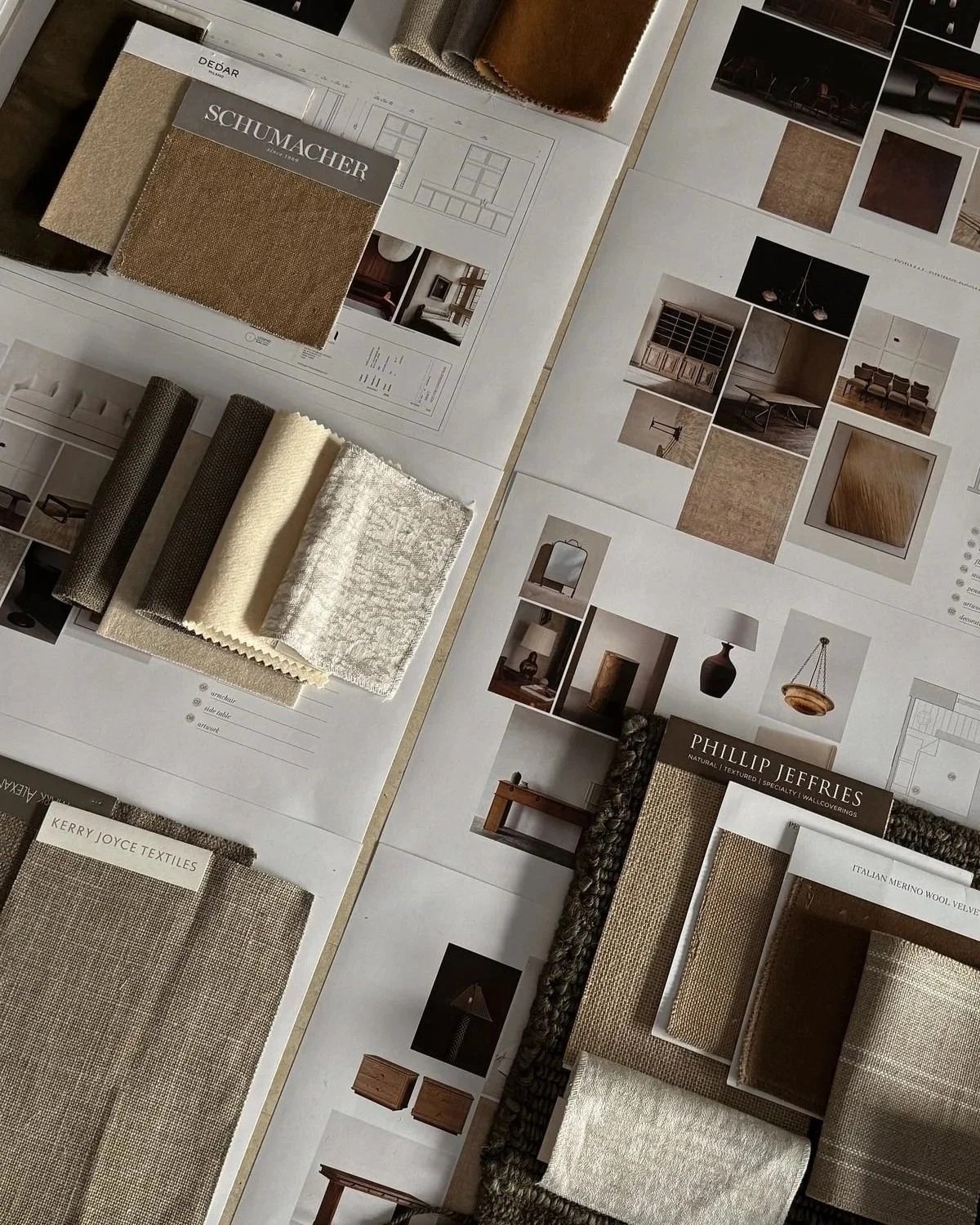 Two interior design mood boards with fabric swatches, paint samples, and room photos.