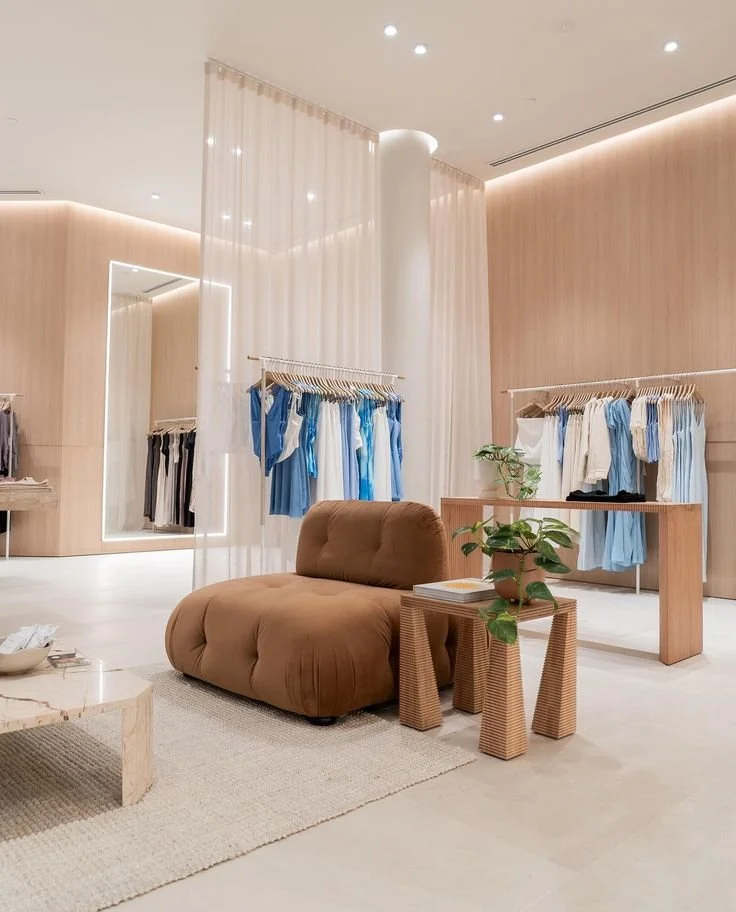 Interior of a clothing store with beige and blue clothing racks, a plush brown chair, a small wooden table with a potted plant, and a large mirror on the wall.