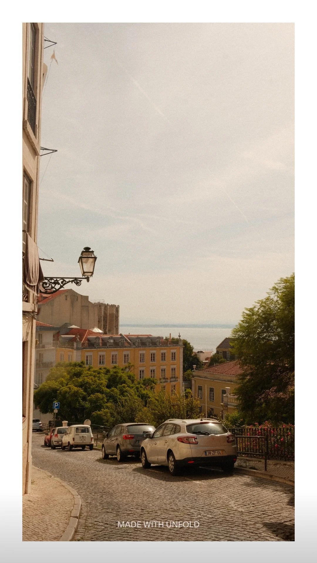 A cobblestone street with parked cars, trees, buildings, a lamppost, and a view of the ocean in the distance under a clear sky.
