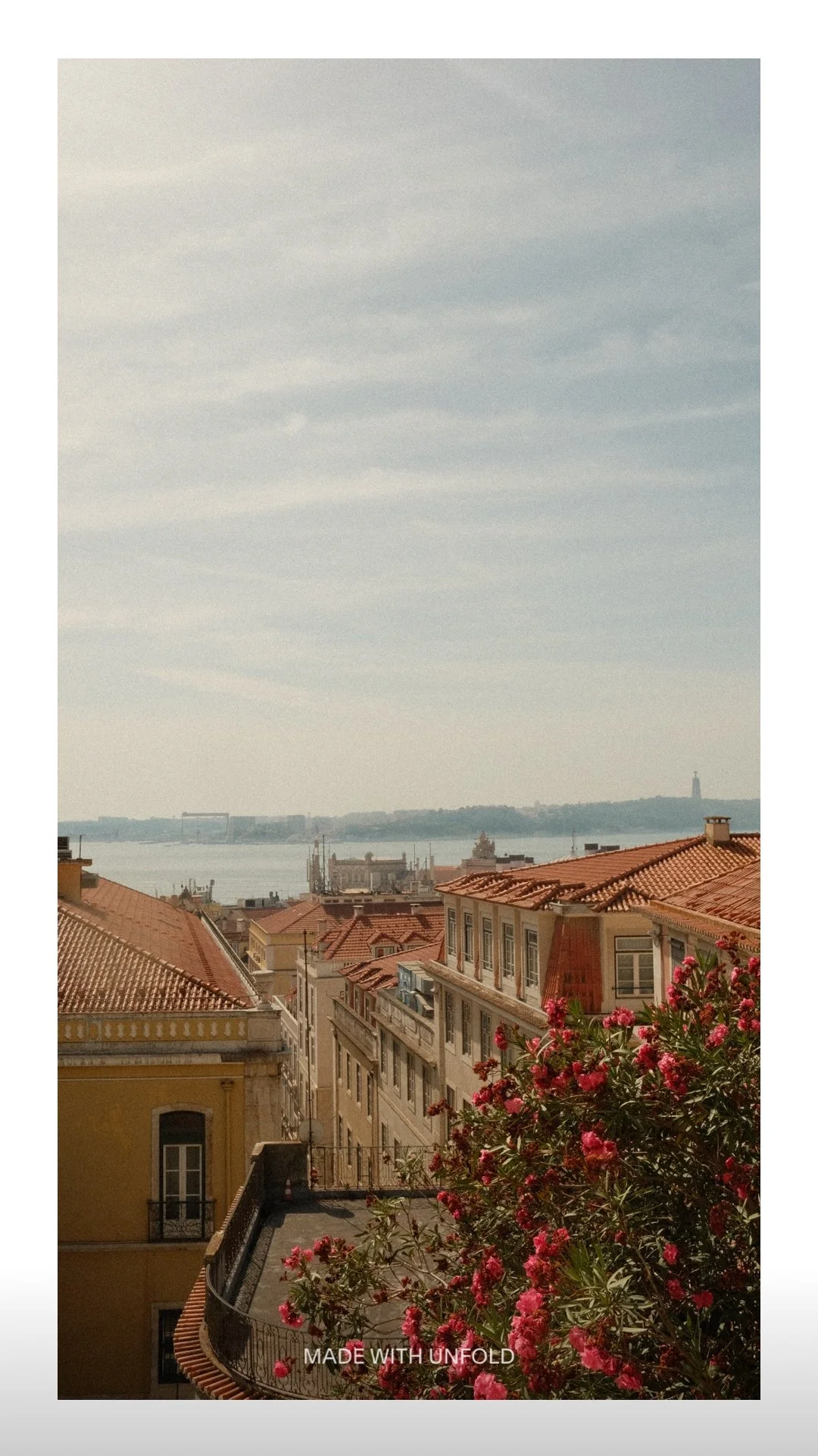 View of buildings with red tile roofs overlooking water, with pink flowering bush in foreground and cloudy sky above.