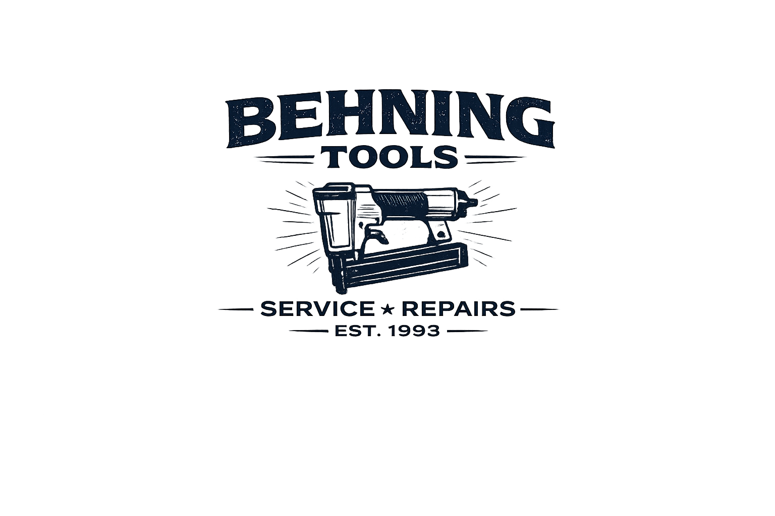 Sign for a hardware store named "Behning Tools" with the words "Service & Repairs" and an illustration of a power drill, established in 1993.