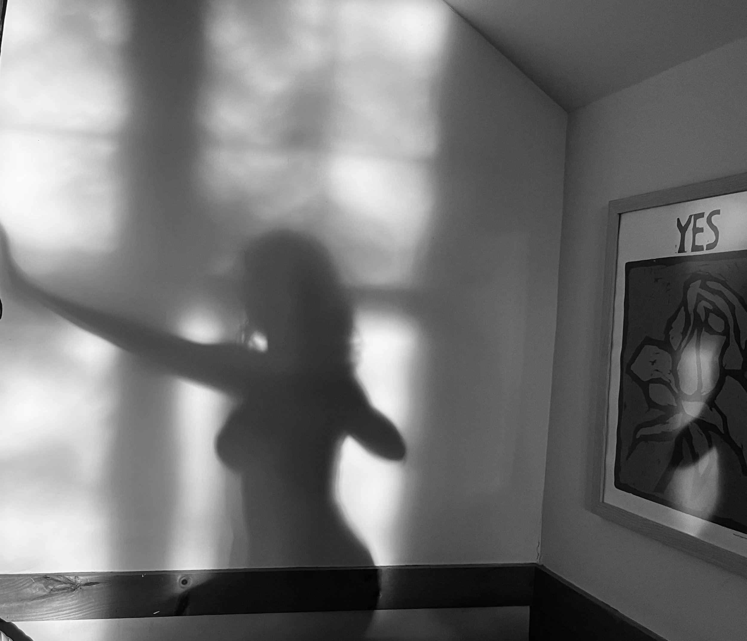 A shadow of a person with their arm raised, cast on a wall with a framed poster that says 'YES' and features an illustration of a person's face.
