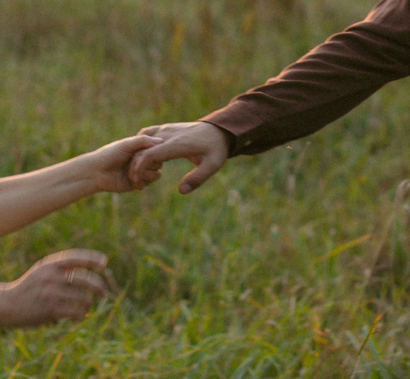 A close-up image of two hands holding each other, one person's hand is smaller and appears more delicate, while the other person's hand is larger with a wedding ring, set against a background of grassy field.