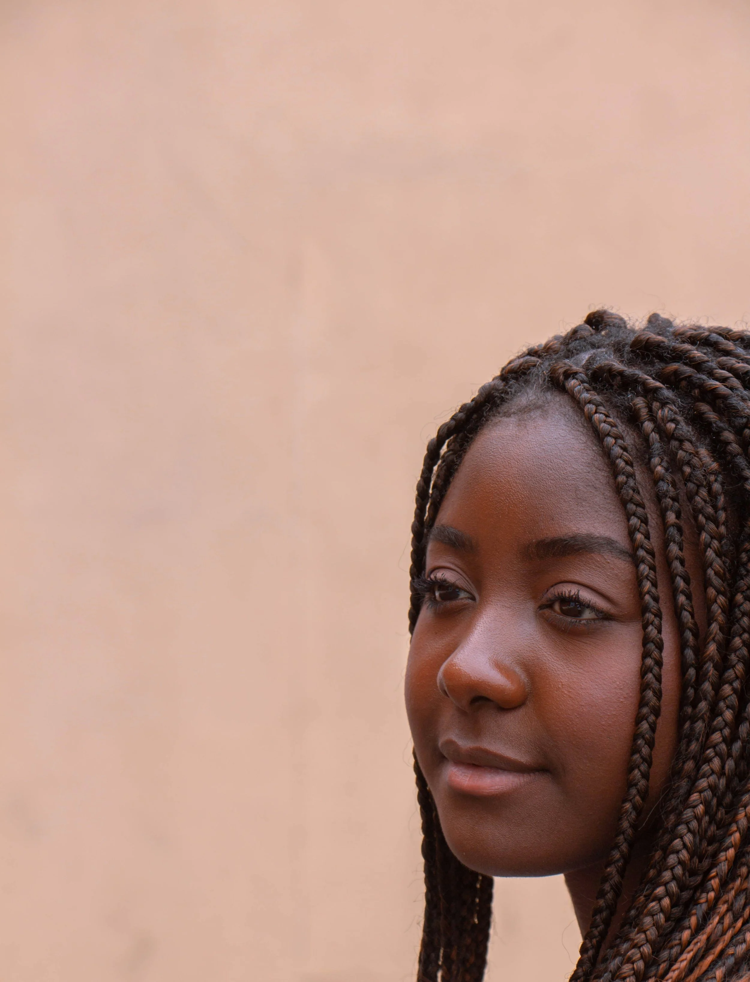 Close-up of a young African American woman with braided hair smiling softly against a plain beige background.