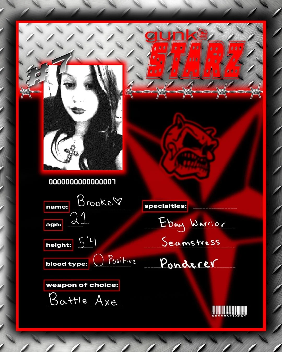 Gunkstar 000007 is Brooke 🩸☠️

Brooke is an OG gunk girl with a taste for the dirty side of life. Read her interview to learn more about her gunky life. 

✯ ✯ ✯ 

#gunkstarz #gunkmagazine #gunkbrand #rva