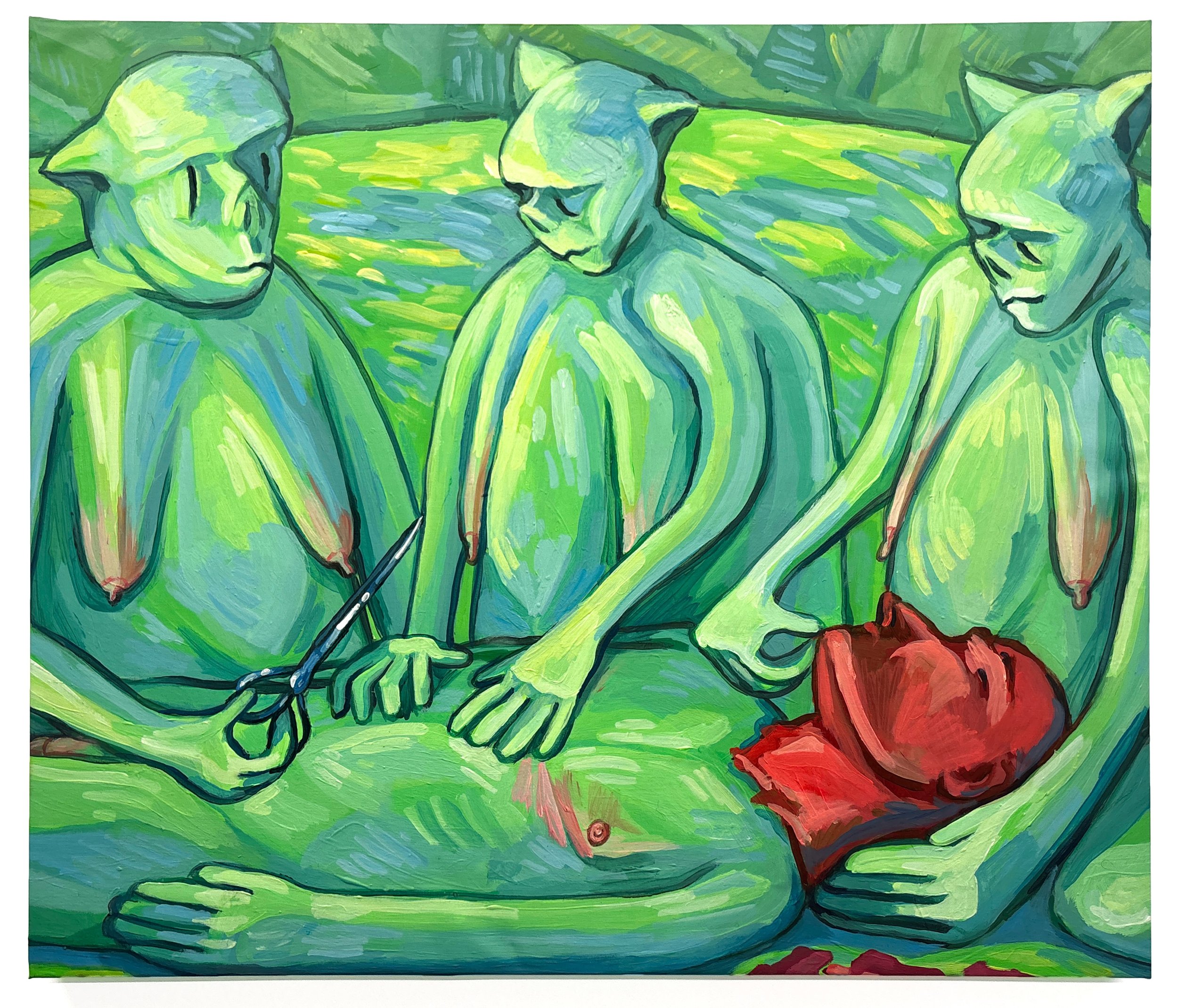 ["Psychopomps" - 
Acrylic on canvas paper, 24” x 28”, 2021]

This was a relatively simple practice in using basic, complementary color blocking to convey narrative. In this case I interpret the archetype of a psychopomp, an entity that guides souls i