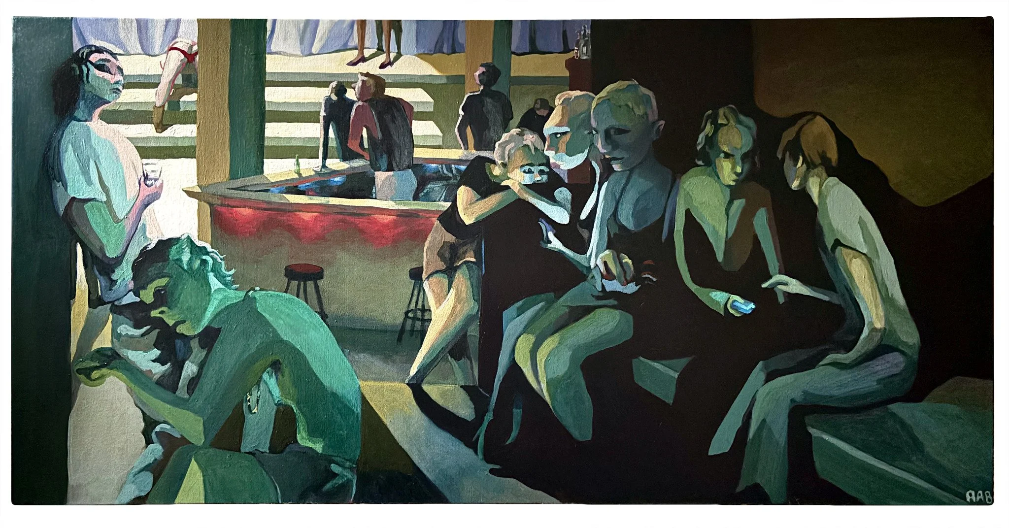 ["A Proposition" - Acrylic on canvas, 20” x 40”, 2025]

A compositional reimagining of John Millais’ “Isabella” from 1848. In Millais’ work, Isabella is a woman of court whose brothers disapprove of her brutish fiancé. They offer her a fruit while th