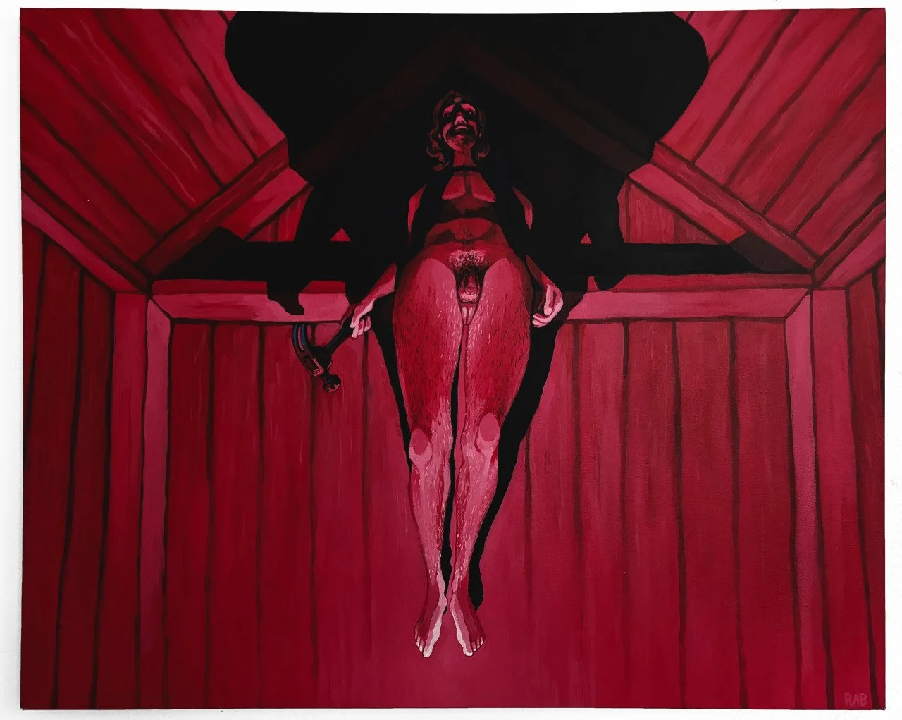 ["Man with a Hammer" - Acrylic on canvas, 31” x 38”, 2022]

This painting is a companion to “A Seat at the Table” and serves as the harsher underside to the previous soft-expressioned Christ figure. This version of Jesus looks down at the viewer with