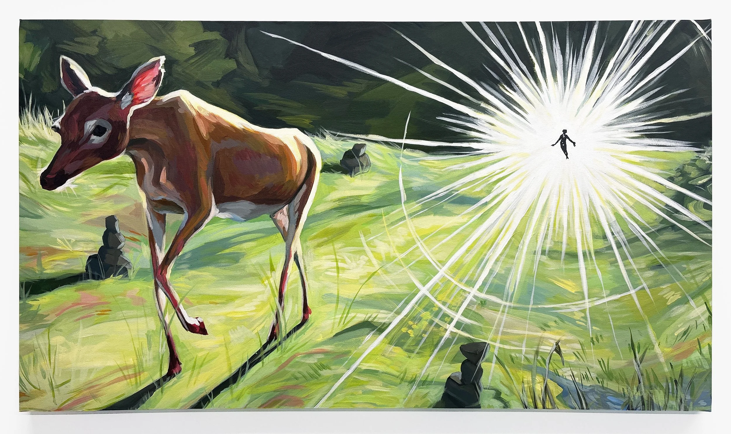 [“Coming Through” - 
Acrylic and ink transfer on canvas, 25” x 44”, 2022]

This was an experiment in image transfer techniques with matte gel paste and a printed image, producing the mysterious dark figure in the background. Primarily a technical and