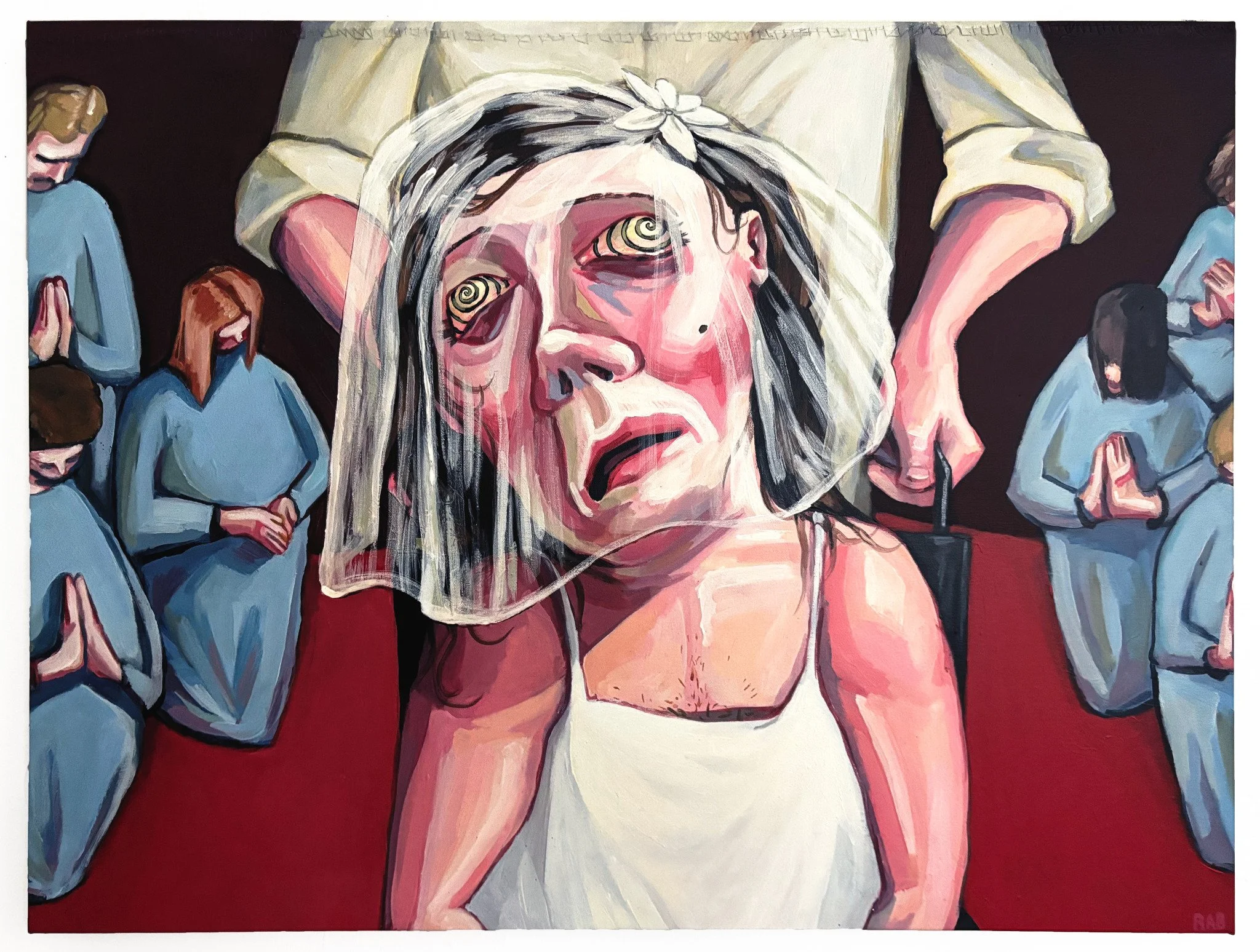 ["The Bride" - 
Acrylic on canvas, 25” x 33”, 2021]

An ambiguous scene of emasculation, control, and horror. Inspired by research into post-war, CIA-led psychological studies and Ari Aster’s filmography, this is part of a sequential series of painti