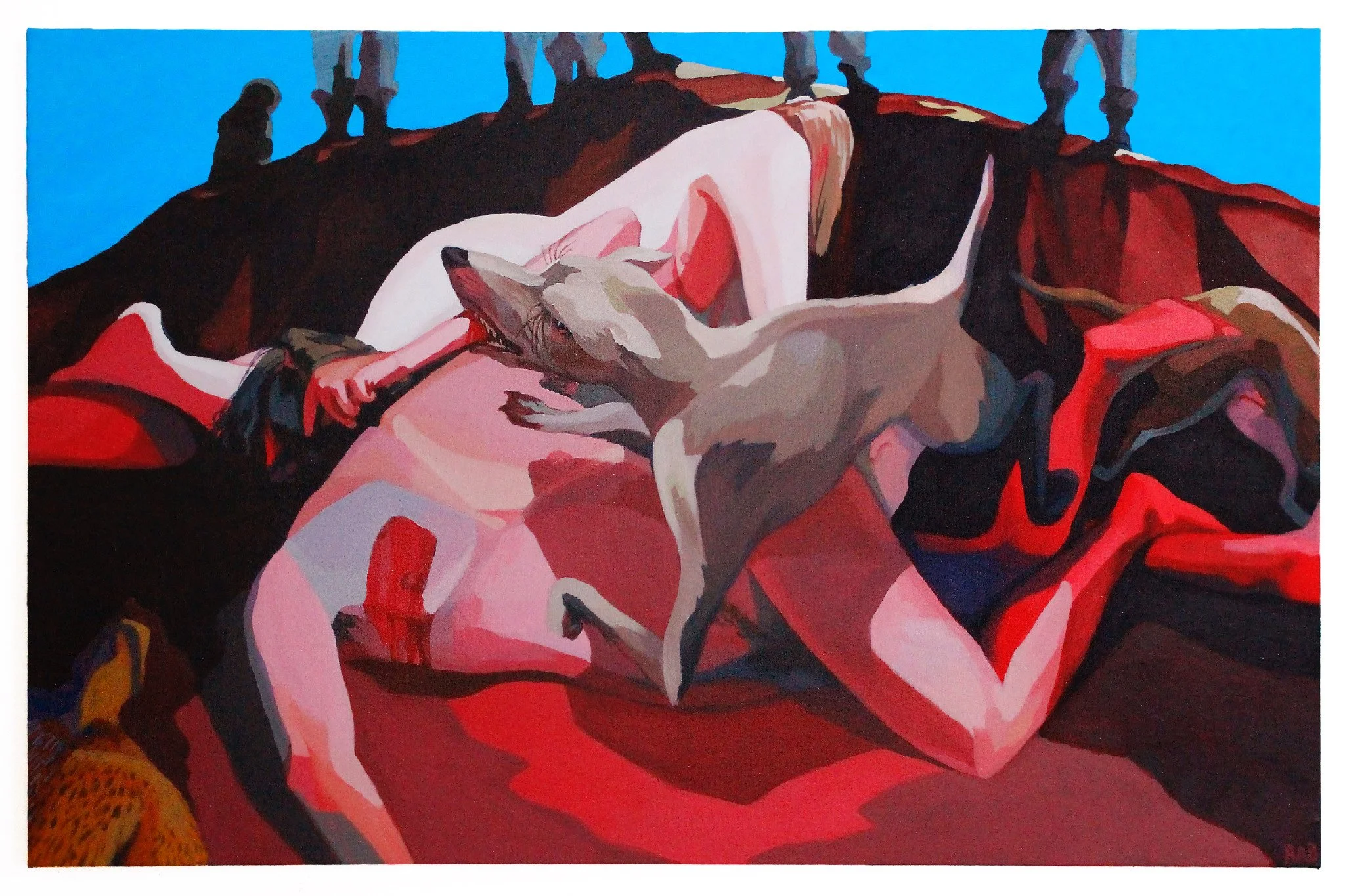 ["Sodomites" - Acrylic on canvas, 26” x 40”, 2024]

Both a serious dedication to the generations of martyred homosexuals before me, and a darkly humorous reminder to my contemporary community of the occasionally-forgotten social position reserved for