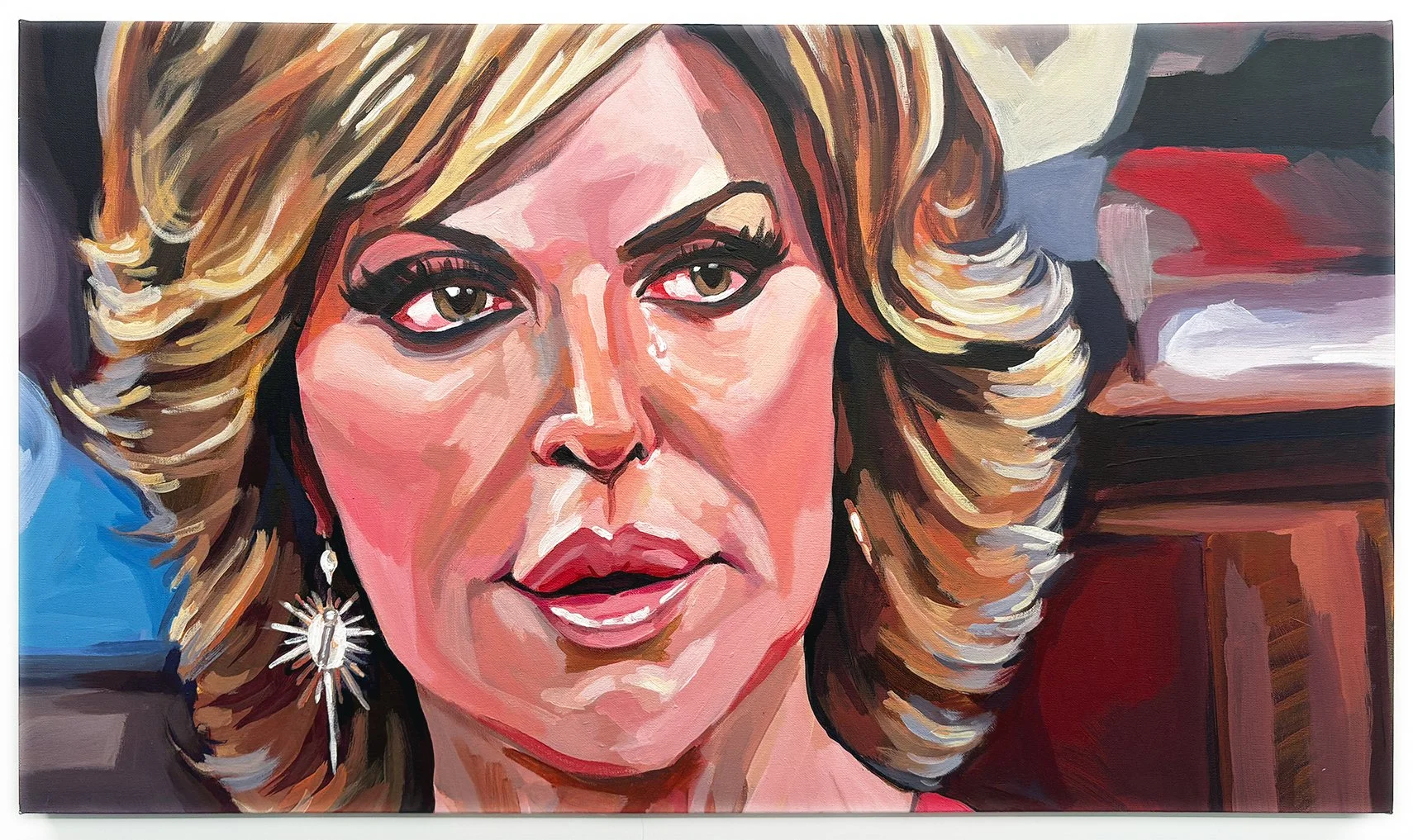 ["Rinna" - Acrylic on canvas, 19" x 33", 2021]

Inspired by the work of contemporary painter Sam McKinniss, this is a study of one moment during the Real Housewives of Beverly Hills Season 7 reunion. Lisa Rinna, the woman depicted, is being given bac