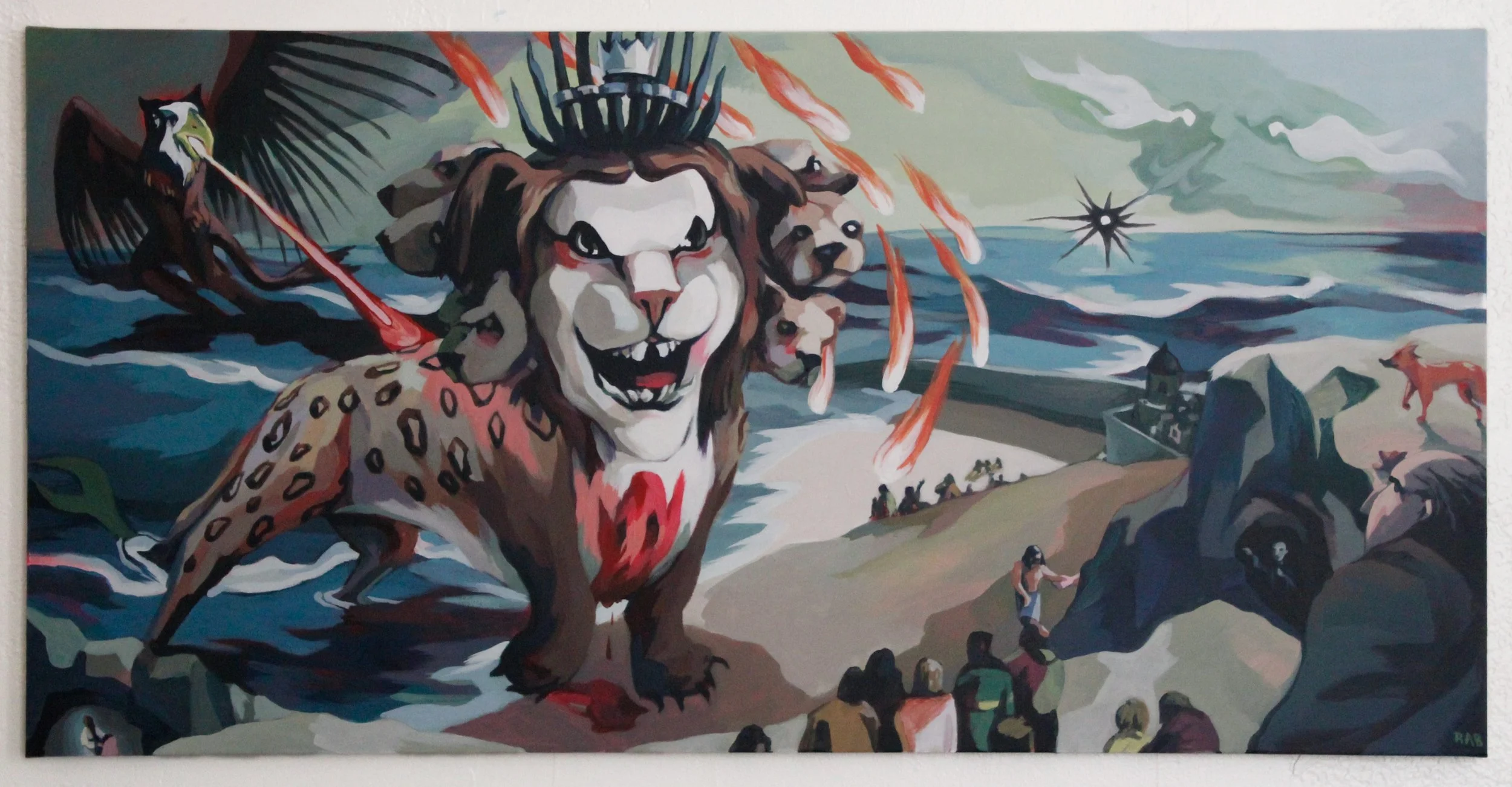 ["Antichrist" - Acrylic on canvas, 23” x 46”, 2024]

This is a somewhat literal visual interpretation of the Beast from the Sea from the biblical Book of Revelations, as well as the attending Beast from the Earth, who promotes the authority of the Se