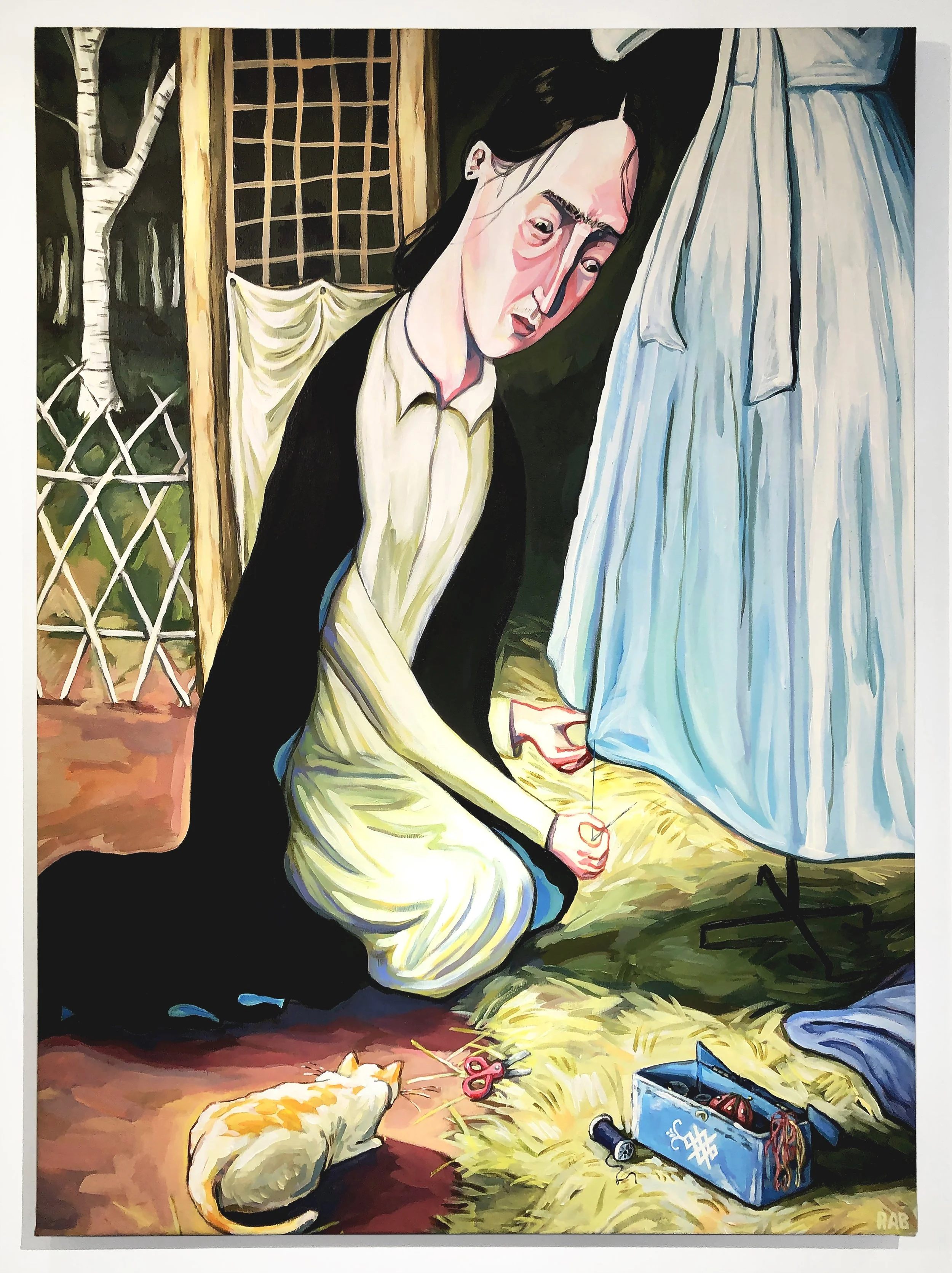 ["Dressmaker" - 
Acrylic and thread on canvas, 44” x 32”, 2021]

A reinventing of Le Pho’s “Nativity” (1941) into a secular image of an artist at work in a pastoral setting. Made while working out of my studio apartment and taking undergraduate cours