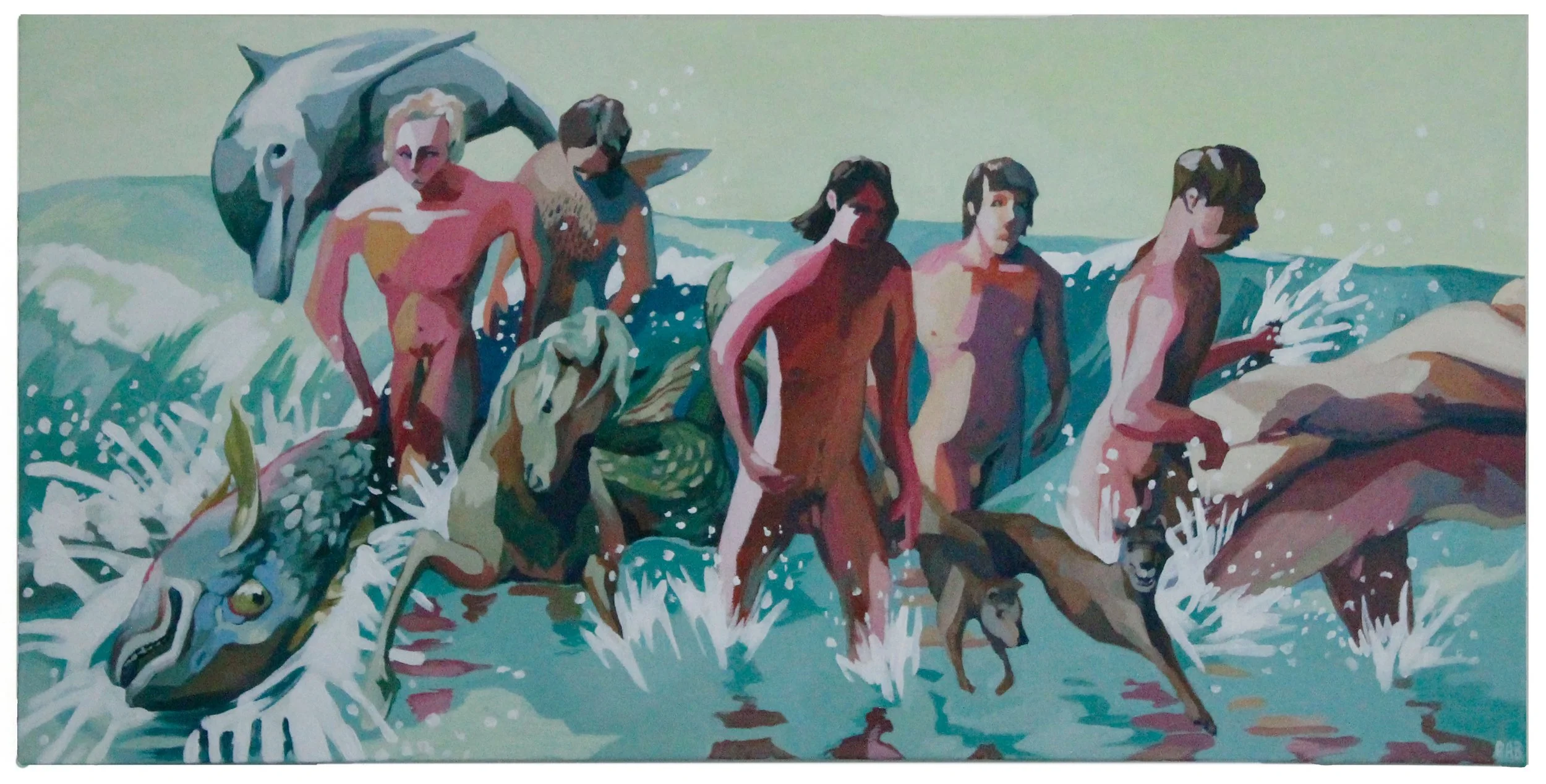 ["A Breaking Wave" - Acrylic on canvas, 16” x 32”, 2024]

An exercise in sincere Romantic imagery, calling upon the classic trope of Venus emerging from the waves. Here the goddess and typical water nymphs are replaced by average men, attended by var