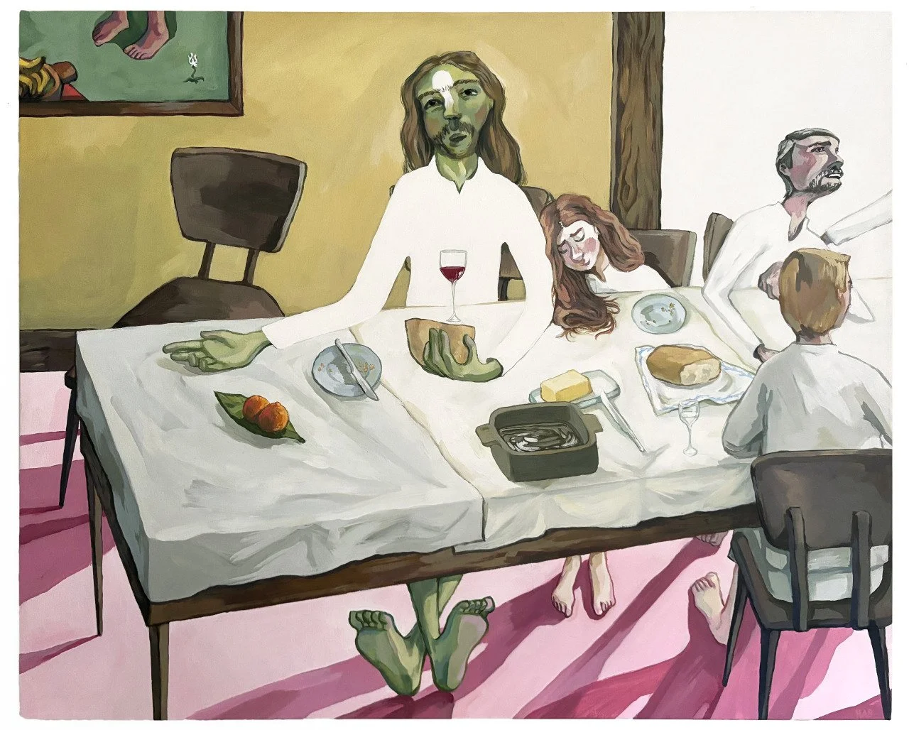 ["A Seat at the Table" - Acrylic on canvas, 31” x 38”, 2022]

A personal artwork following the tradition of mystical Symbolist painting and the staged portraiture of artists like Gauguin. A green-skinned Jesus welcomes the viewer into what is presuma