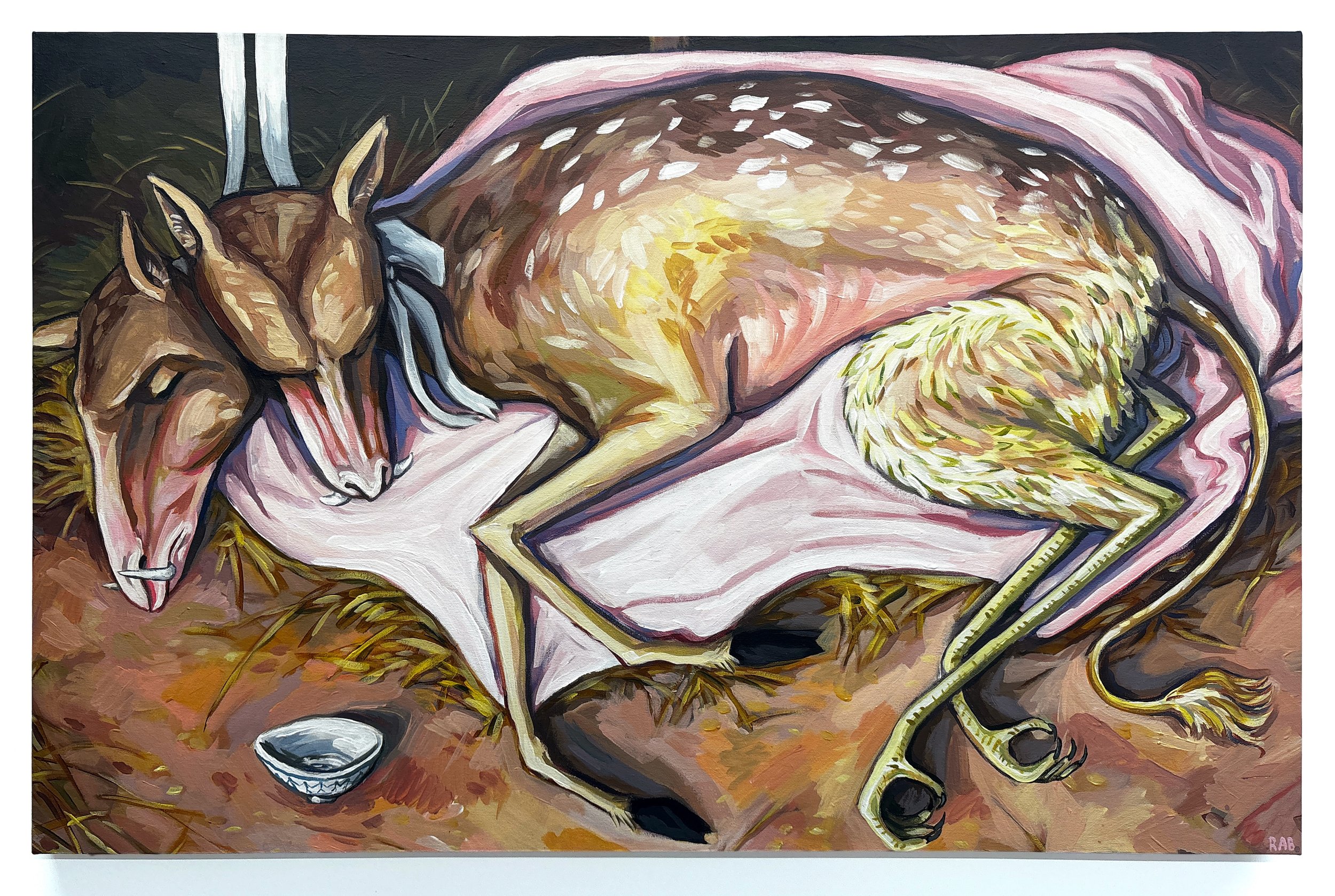 ["Strange Beast" - 
Acrylic on canvas, 26” x 40”, 2021]

This is one of the first paintings I finished when my undergraduate classes returned to being in-person. The composition comes from an ecology textbook that featured a picture of a dog, which I