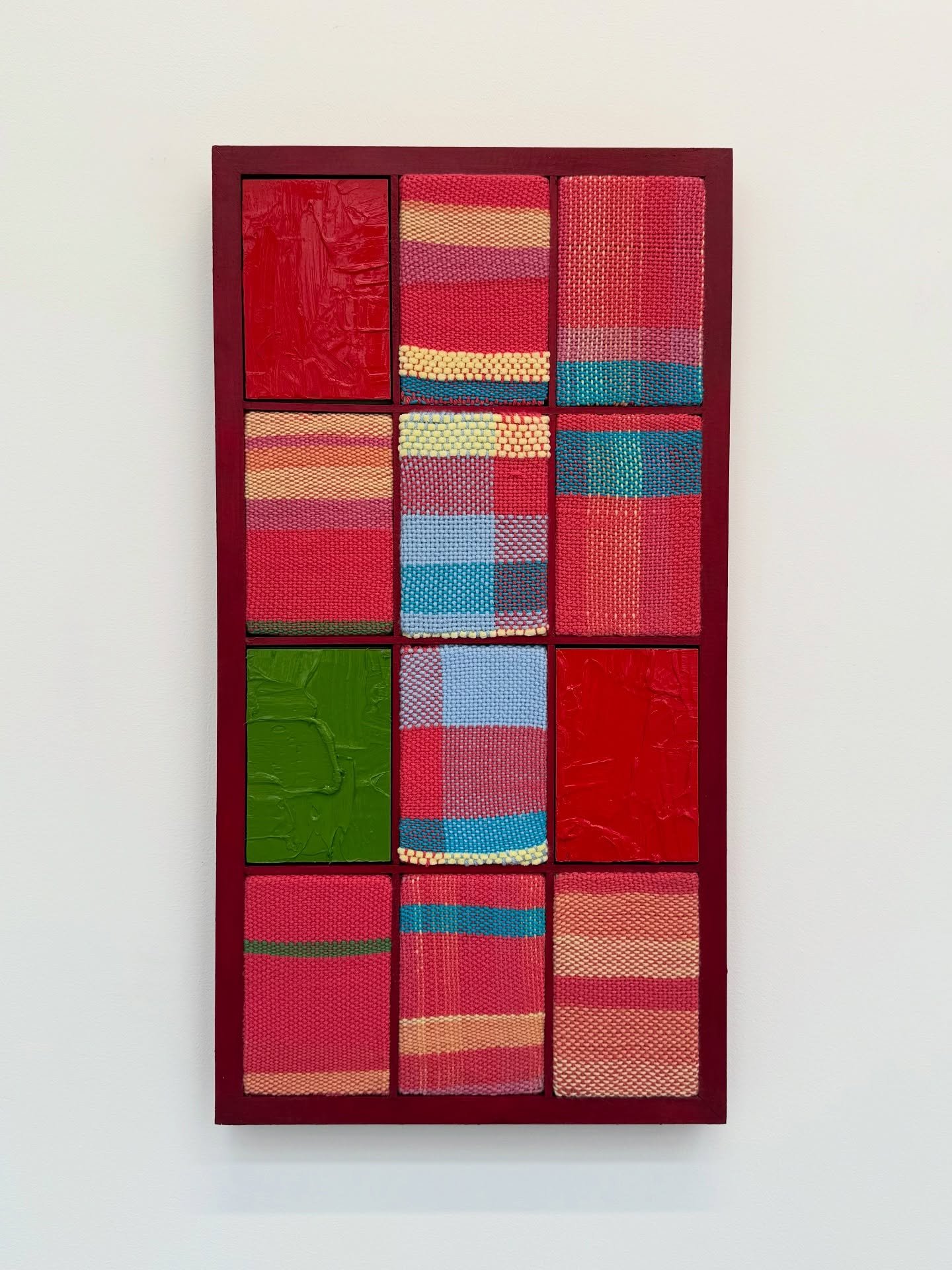 Untitled 
SOLD

69.5 x 37 cm 

Woven wool on mdf and wood 

Through this woven piece, I challenge my typical intuitive approach to painting with a controlled, repetitive process. Fascinated by the interlocking of colour, the process of looming subcon
