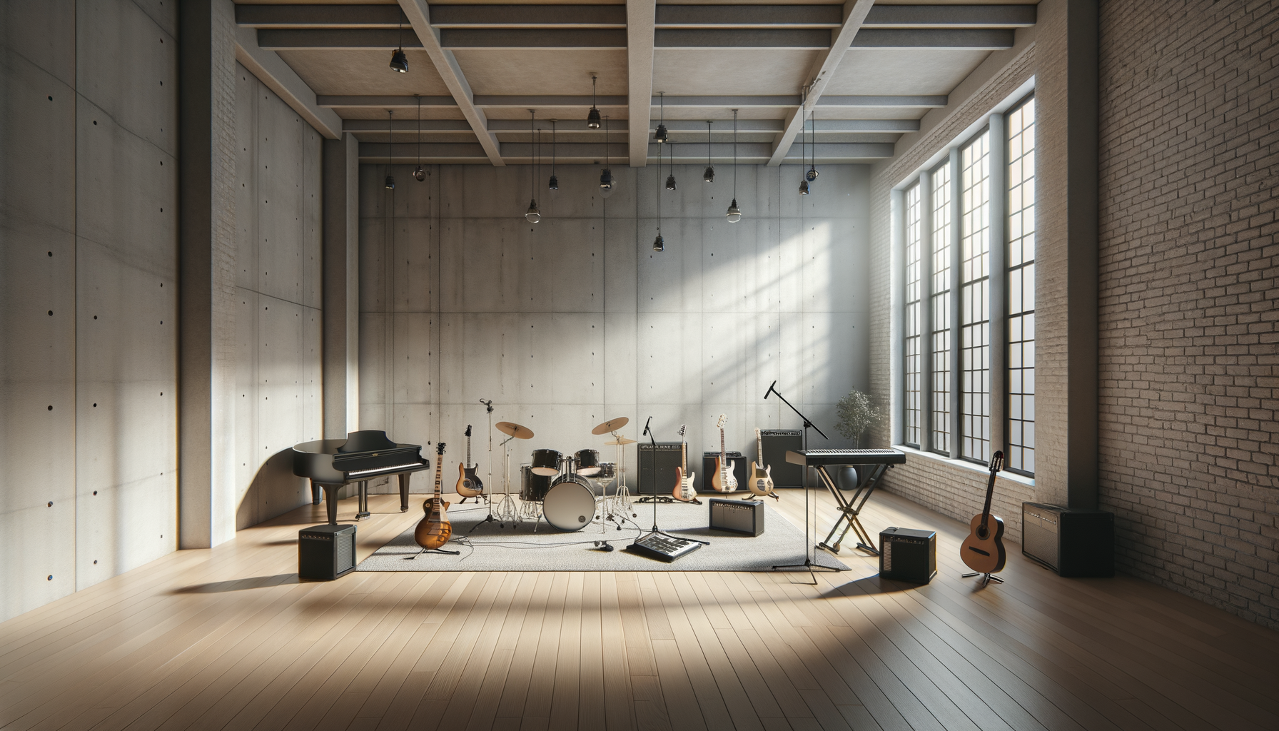 Empty music rehearsal space with various instruments including drums, guitar, keyboard, and a grand piano, set up in front of large windows with natural light.