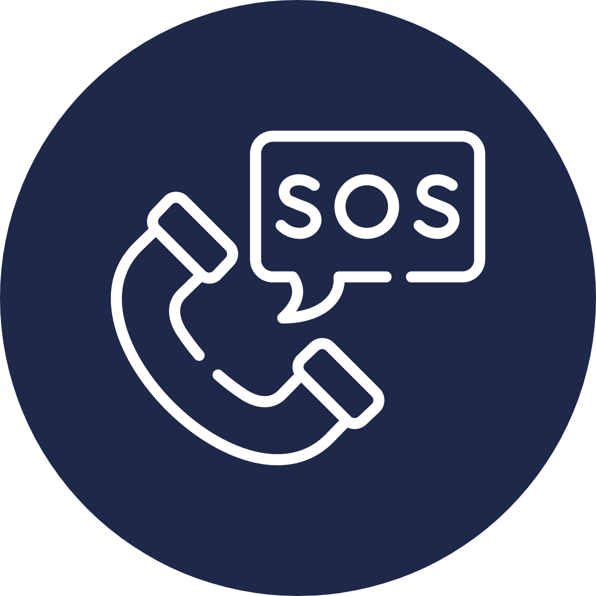 Icon of a phone receiver with a speech bubble saying SOS, indicating emergency assistance or contact.
