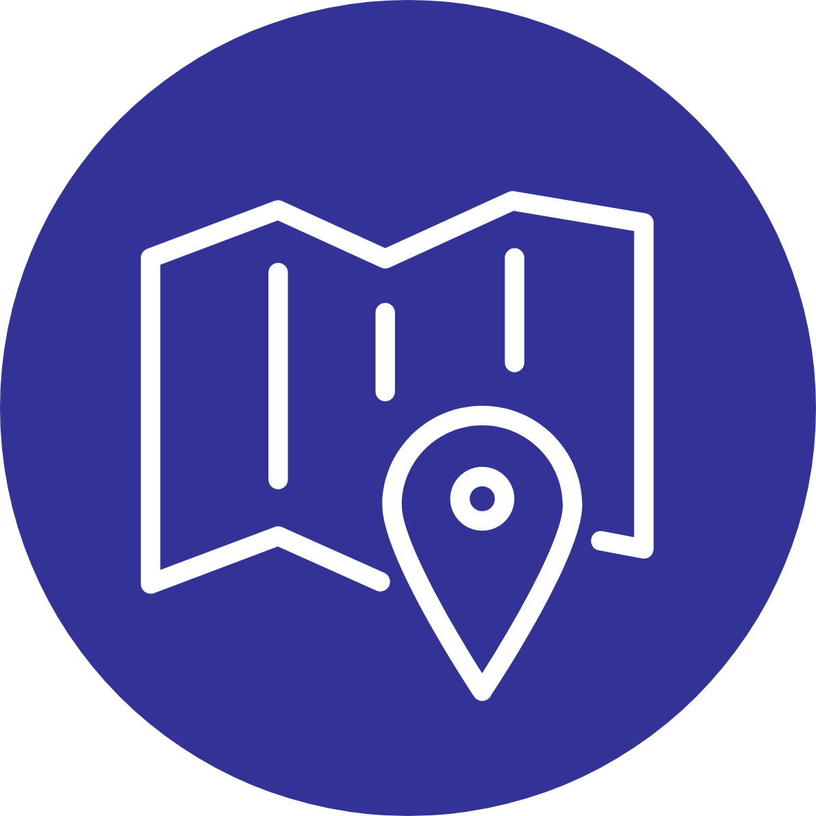 Map with a location marker icon on a dark blue circular background.