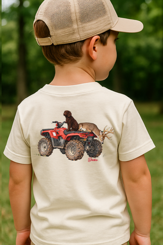 Boys Hunting ATV Graphic Tee | Dog & Buck Outdoor Shirt | Bella Canvas