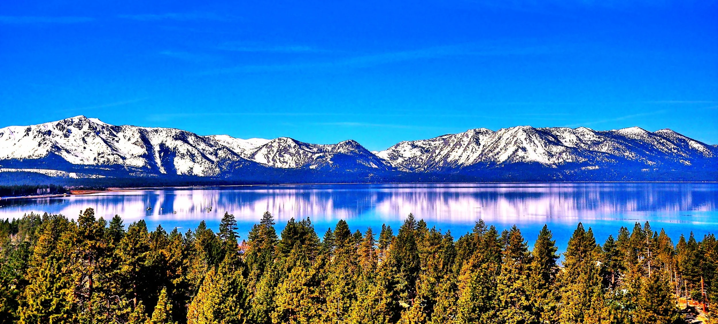 Snow-capped mountains reflected in a calm lake with a lush green forest in the foreground under a clear blue sky.